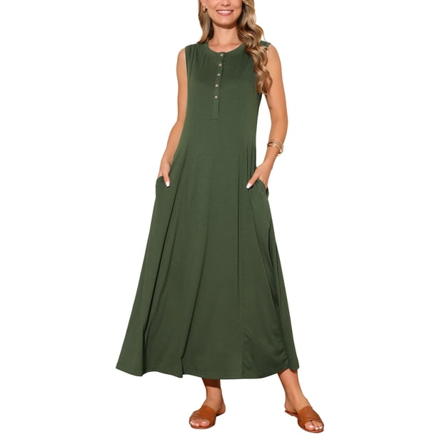 INSPIRE CHIC Vestidos sin mangas para mujer con botones, ajuste acampanado, línea A, fluido, casual, vestidos largos, atuendos de verano XL verde militar