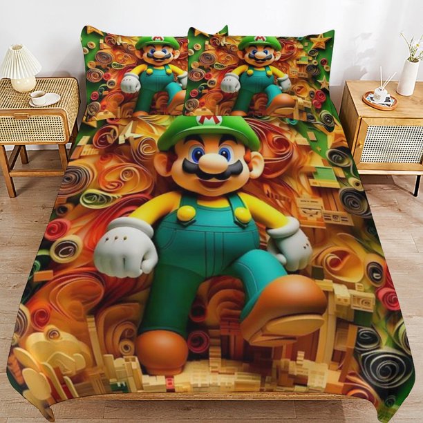 Super Mario 3-Piece Comforter Set for Bedroom Super Mario Bedding Set for Kids Adults Soft Microfiber Duvet Cover Set with Zipper Closure