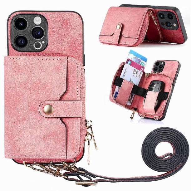 Funda Tipo Cartera con Correa Cruzada para iPhone 14 Pro Protección Contra Golpes Rosa