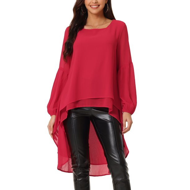 INSPIRE CHIC Blusas asimétricas de gasa casuales elegantes para mujer con mangas largas de linterna y cuello redondo L Rojo oscuro