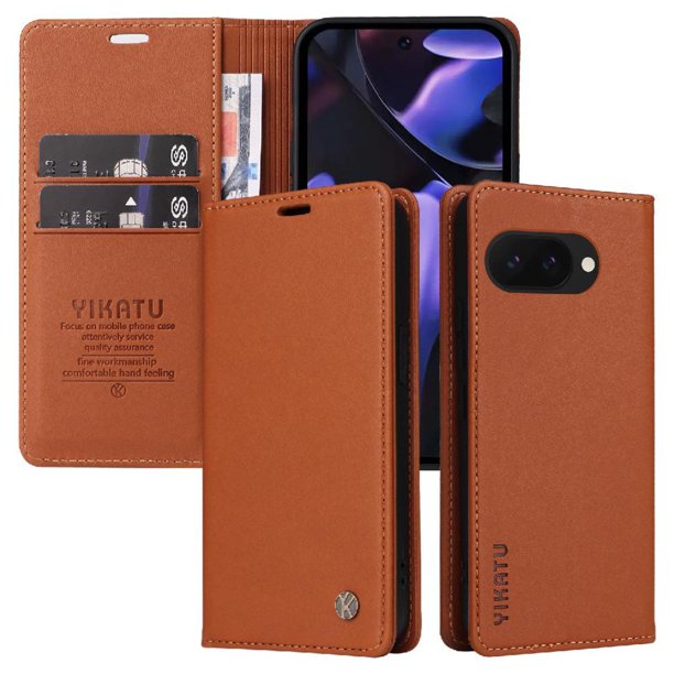 Funda Billetera de Cuero para Google Pixel 9A con Tarjetero y Soporte - Tapa Magnética Marrón