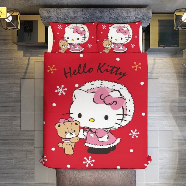 Merry Christmas Hello Kitty 1 3 Pieces Duvet Cover Set Full Size Super Soft Fade Resistant Microfiber