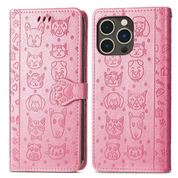 Funda Cartera FOXDOCK para iPhone 14 Pro , Flip PU con Relieve de Gatos y Perros, Tarjetero y Soporte