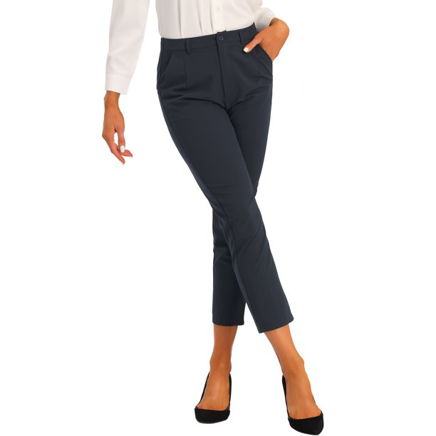 INSPIRE CHIC Pantalones de Trabajo para Mujer de Cintura Alta con Espalda Elástica y Largo al Tobillo XL Azul Oscuro Sólido