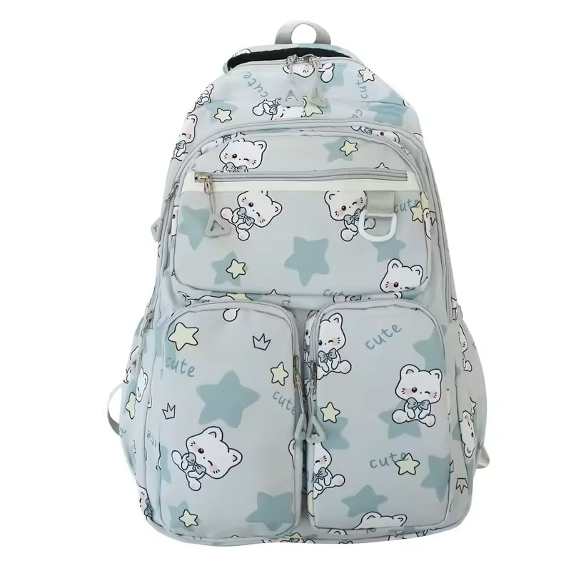El Edén - Mochila Urbana, Bolso Escolar, Juvenil, Diseño Gatos Kawaii Color Verde