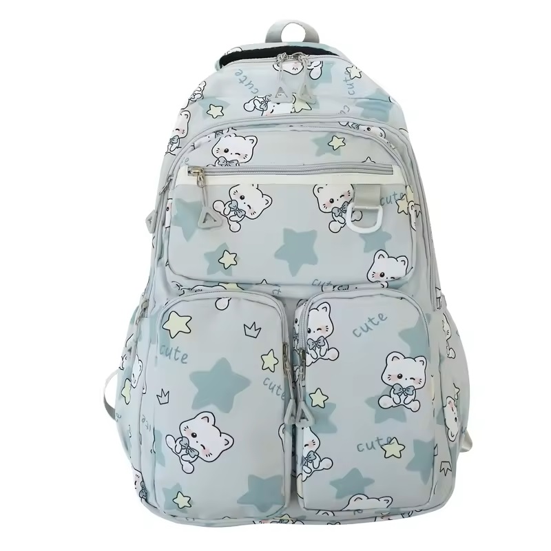 El Edén - Mochila Urbana, Bolso Escolar, Juvenil, Diseño Gatos Kawaii Color Verde