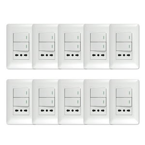 Genérico - Pack 10 Tomacorriente Simple 10/16A 250V + Interruptor Doble 9/12 10A Blanco