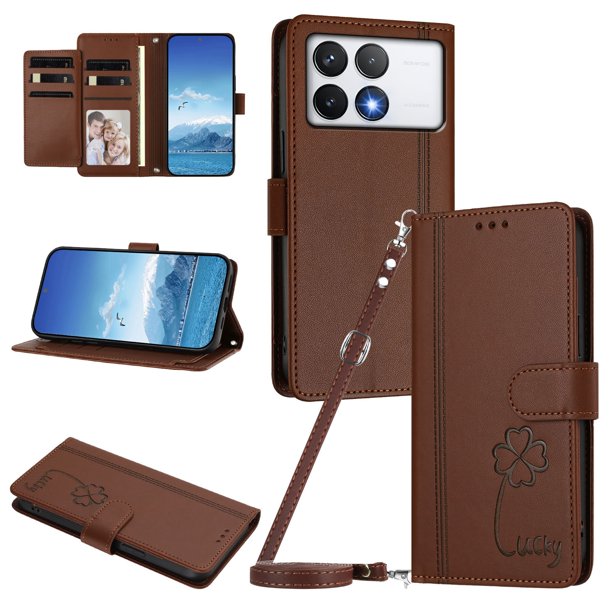 Funda Cartera Trébol para Xiaomi Poco F6 Pro con Ranuras Tarjetas y Carga Inalámbrica Marrón