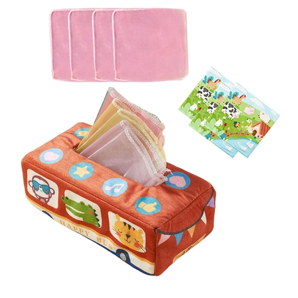 Sensory Pull Along Caja de Pañuelos para Niños Pequeños Busy Pull Tissue Busy Pull Tissue Actividad Educación Temprana Aprendizaje Juguete Niño Preesc con 3 Toallas Autobús