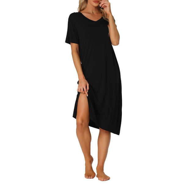 INSPIRE CHIC Camisón de Mujer de Rayón con Cuello en V, Suave y Sedoso, de Manga Corta, Camiseta de Dormir Midi con Bolsillos, Vestido Ligero para Estar en Casa, Talla S Negro