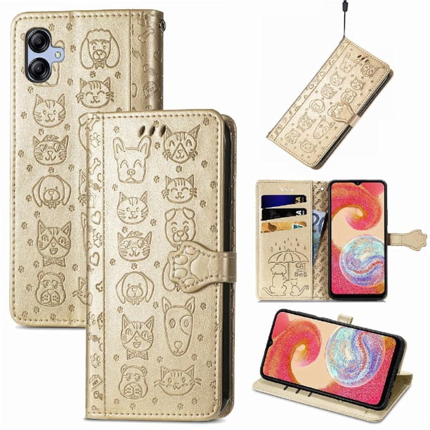 Funda Cartera FOXDOCK para Samsung Galaxy A04E , Flip PU con Relieve de Gatos y Perros, Tarjetero y Soporte