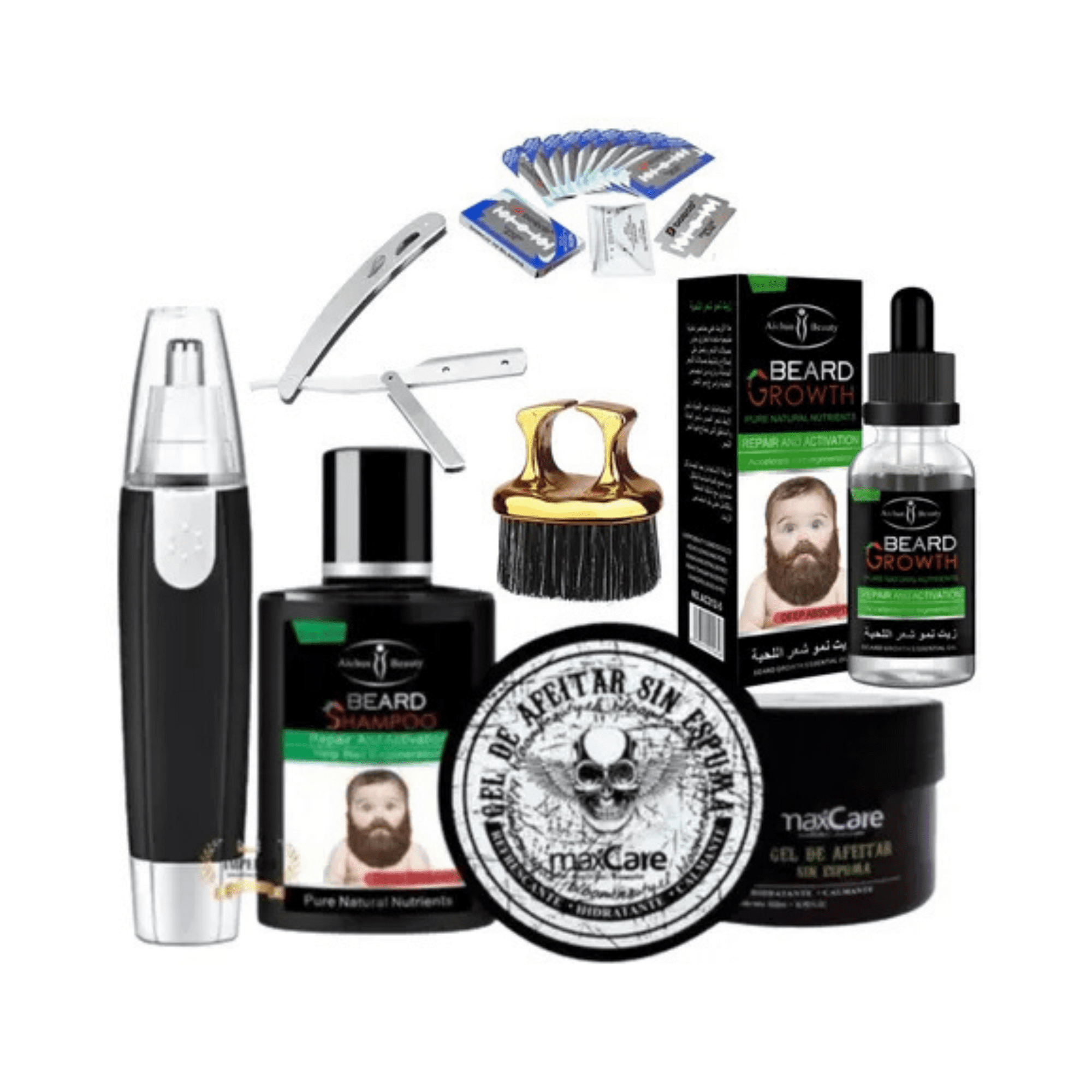 Maxcare,aichun Beauty - Kit De Barbería: Gel De Afeitar Sin Espuma + Cepillo + Navaja Con Repuestos