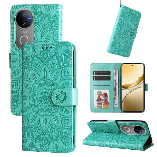 Funda tipo cartera FOXDOCK para Vivo V50 , diseño girasol en relieve, cuero PU, cierre magnético, soporte y tarjetero