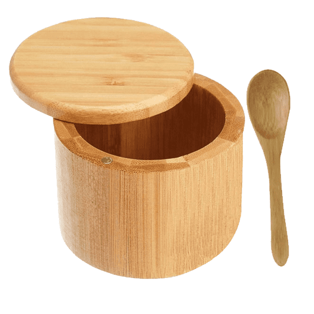 Salero de bambú premium, salero con tapa giratoria magnética - Salero con cuchara