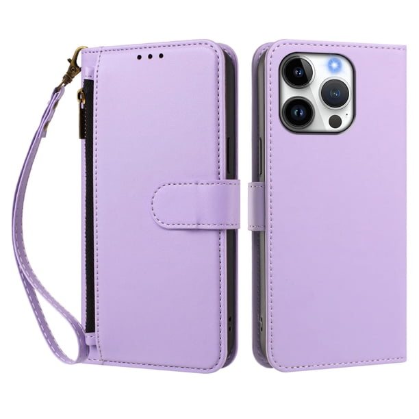Funda Tipo Billetera para iphone16 Pro con Soporte y Bolsillo con Cierre Morado