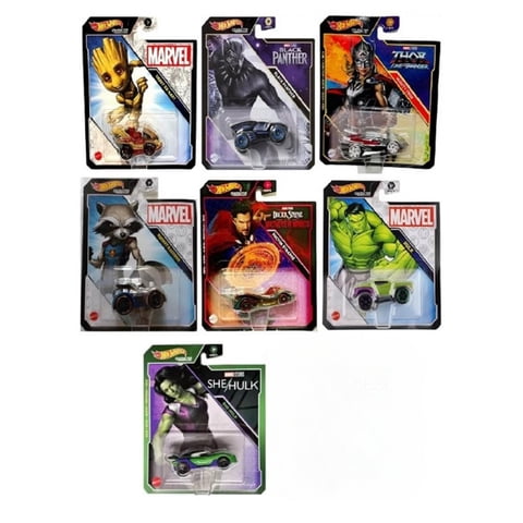 Toy Hot Wheels Marvel Character Cars, Paquete De 7 Unidades: Groot, Black Panther, Thor, Rocket, Doctor Strange, Hulk Y She Hulk