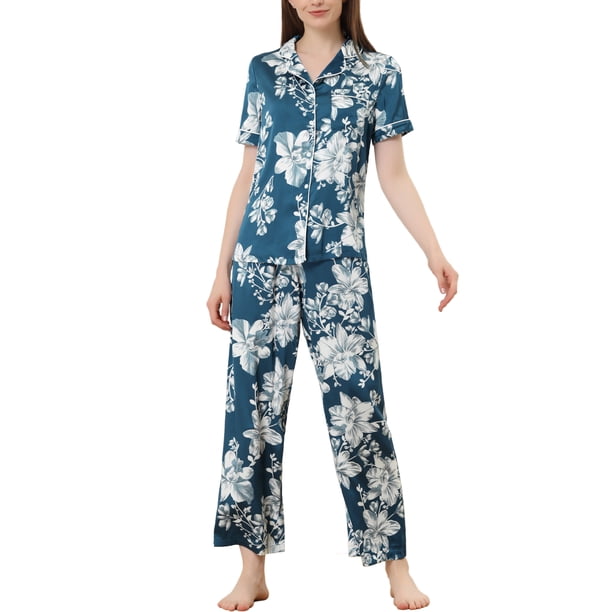 INSPIRE CHIC Conjunto de Pijama de Satén para Mujer Seda Floral Manga Corta Top y Pantalones 2 Piezas Pijamas XS Azul