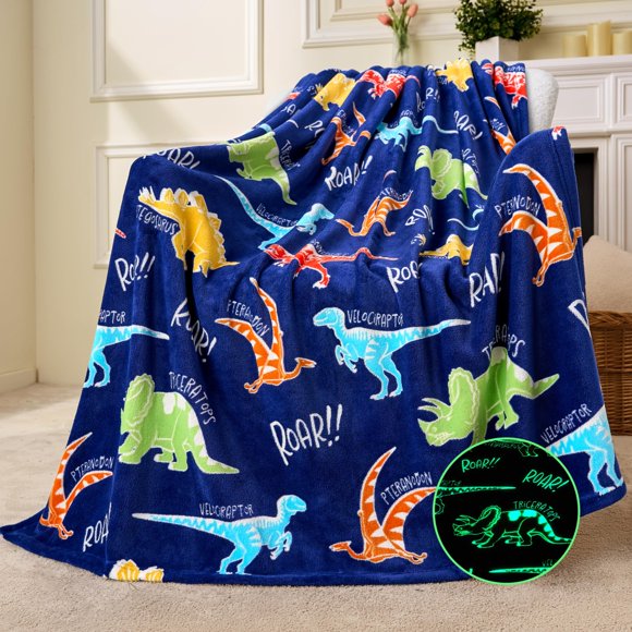 Manta Joiedomi de franela suave con diseño de dinosaurio que brilla en la oscuridad, 127 x 152 cm
