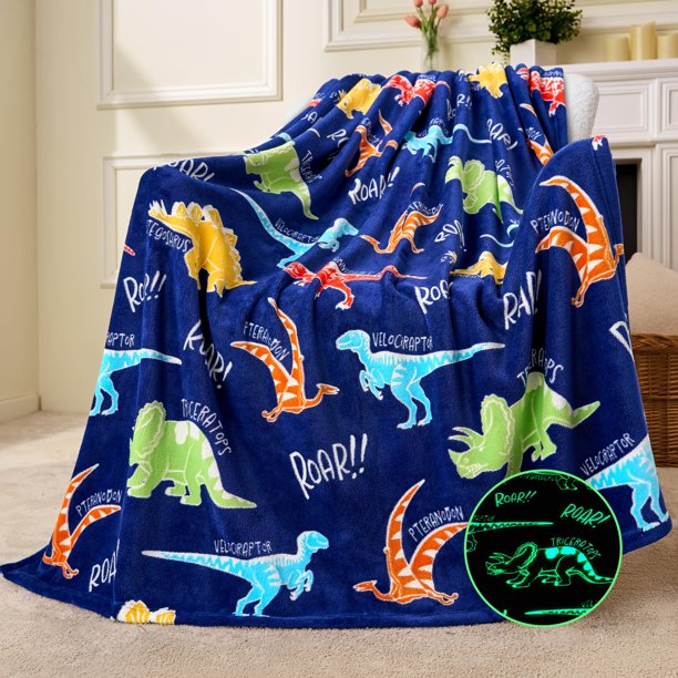 Manta Joiedomi de franela suave con diseño de dinosaurio que brilla en la oscuridad, 127 x 152 cm