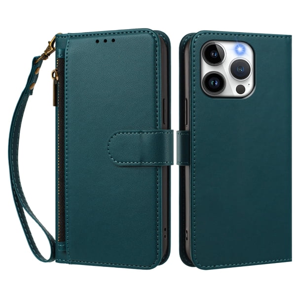 Funda Tipo Billetera para iphone15 Pro con Soporte y Bolsillo con Cierre Verde