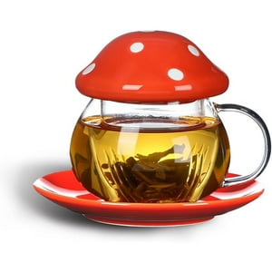 Veat00L - 1 Juego De Tazas Y Platos De Setas Con Tapa Y Plato, Tazas De Leche De Camelia, Tazas De Café, Tazas De Setas Con Tapa, Tazas De Té Filtrantes