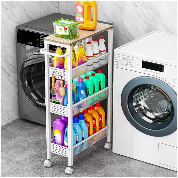 Carrito de almacenamiento Vivihomety Utility con tapa de madera enrollada de 4 niveles