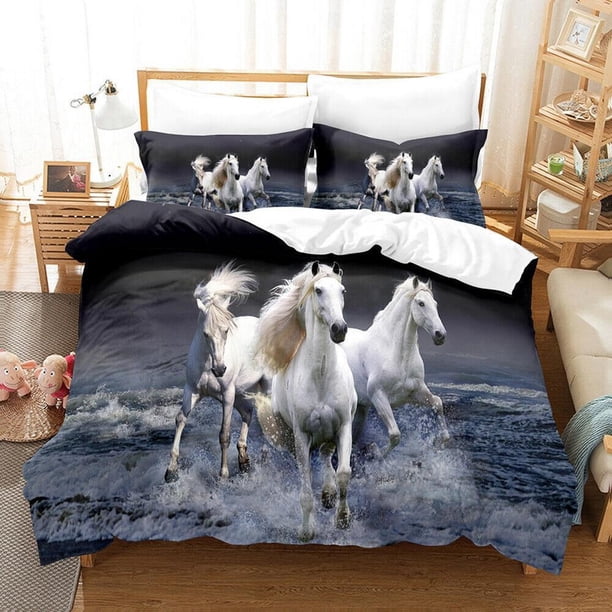 White Horse Print Quilt Duvet Cover Set Bedclothes Queen Comforter Cover Kids3-Piece Bedding Set