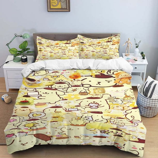 x2122 Bed SheetsCartoon Cute Pom Pom Purin Bed Supplies Set Digital Printing Anime Cute Bed Household Three -piece Set 3-Piece Bedding Set (1 Duvet Cover + 2 Pillow Shams) nj2122