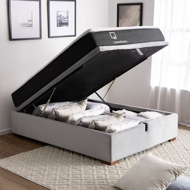 Cama Baùl 1 1/2 Plaza Colchon Resortes New Top Funda Lavable Gris