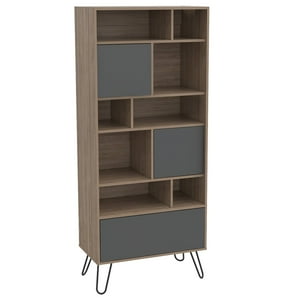 Fmfurniture - Biblioteca 3 Puertas 12 Repisas Fm-004C Café Claro Y Plomo