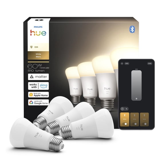 Foco LED inteligente Philips Hue A19 9W 2700K E26 810 lm, paquete de 4
