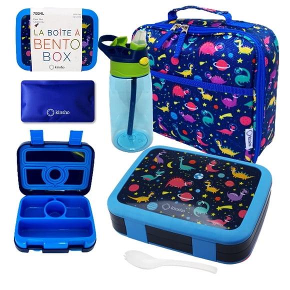 Set de fiambrera Bento kinsho de 4 compartimentos – Tema Dinosaurio Azul Espacial