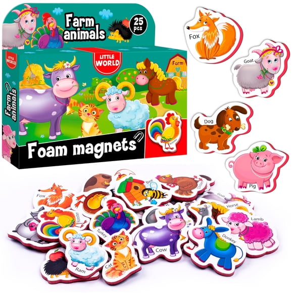 Juego de 25 imanes de espuma para nevera Little World para niños pequeños de 1 a 3 años