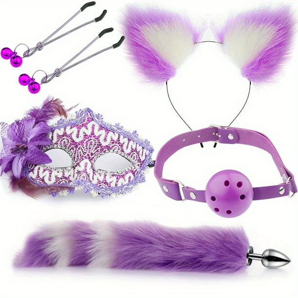 4pcs Couple Flirting Kit - Fox Ear Headband, Tail Anal Plug, Eye Mask, and Nipple Clamp - Sexy Cosplay Costume for Passionate Play