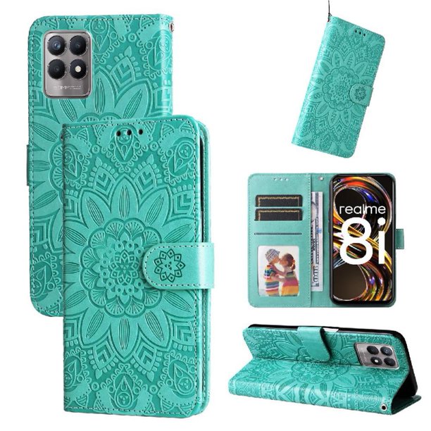 Funda tipo cartera FOXDOCK para Realme 8i , diseño girasol en relieve, cuero PU, cierre magnético, soporte y tarjetero