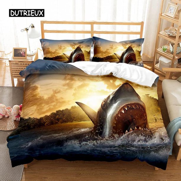 x2292 Bed SheetsShark Duvet Cover Set Microfiber Hawaiian Beach Theme Bedding Set Underwater Ocean Sea Themed Size Quilt Cover 3-Piece Bedding Set (1 Duvet Cover + 2 Pillow Shams) nj2292