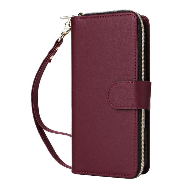 Funda Cartera con Cremallera y Correa para Samsung Galaxy A14 Soporte y Tarjetero Rojo