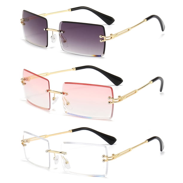 3 pares de gafas de sol rectangulares sin montura, tintadas, vintage, transparentes, rectangulares, estilo Y2K, para mujeres y hombres.