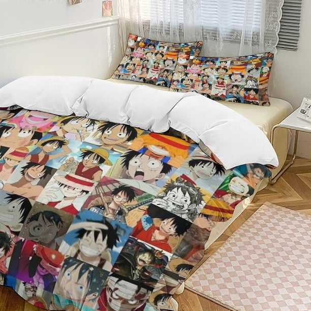 Funda nórdica de cama Monkey D Luffy, divertida ropa de cama de dibujos animados de anime, ligera, de 3 piezas, edredón, fundas