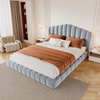M&Ms - Velvet Upholstered Queen Bed Floor Bed Frame Shell-Shaped Headboard For Bedroom,No Box Spring Needed,Light Blue (Old Sku Bs324377Aac)