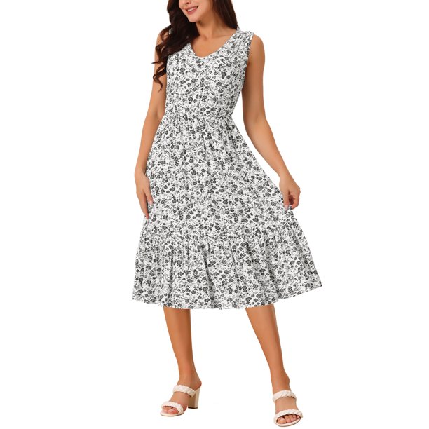 INSPIRE CHIC Vestido Midi Sin Mangas de Mujer con Estampado Floral de Rayón, Escote en V, Volantes en Capas, Cintura Elástica, Vestido Casual de Verano con Bolsillos Blanco XL
