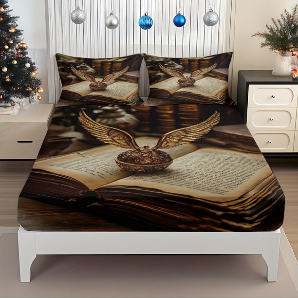 Fitted Sheet Set Golden Snitch And Magic Books Fantasy World Adventure Pattern Mattress Protector Elastic Design Sheet Perfect Fit Creative Deep Pocket Fits Twi