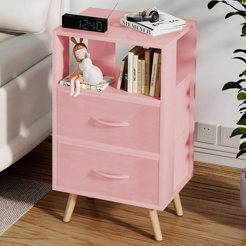 Mesita De Noche Aenuert Pink Con 2 Cajones De Tela Y Almacenamiento Abierto