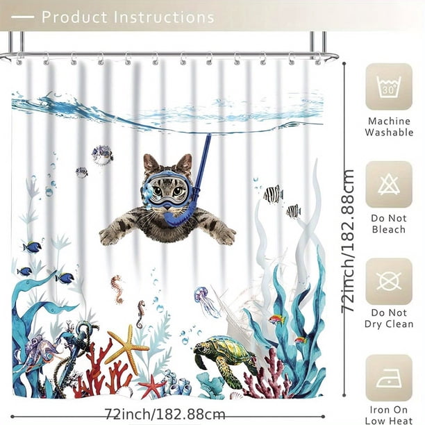1pc Modern Swimming Cat Shower Curtain and Rugs Set - Waterproof Bathroom Decor with 12 Rings - Includes Toilet Lid Cover