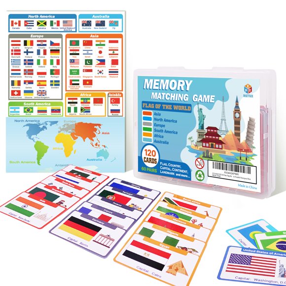 Tarjetas de juego con memoria a juego EDUMAETRIX, 60 pares, banderas para niños