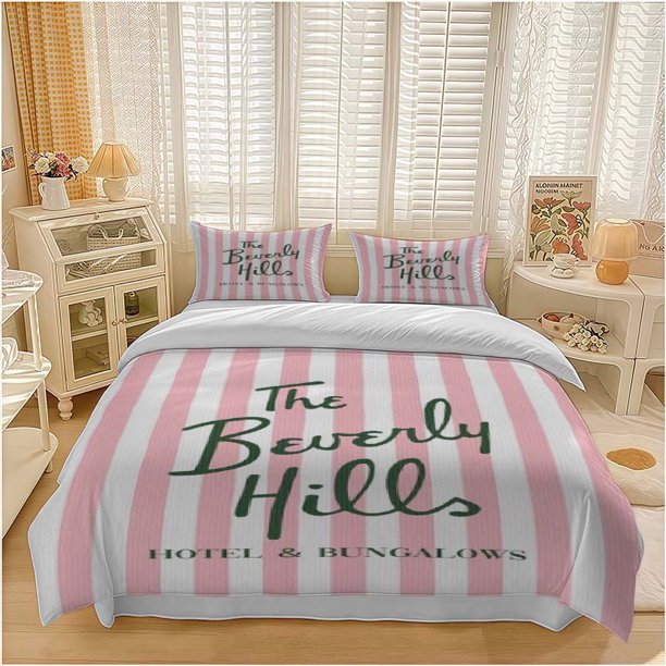 3pcs Beverly Hills Hotel Pink and White Striped Logo Themed Bedding Set Duvet Cover and Pillowcase Set Soft and Comfortable