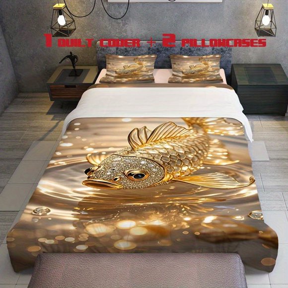 3pcs Shiny Goldfish Statue Elegant Decorative Theme Bedding Set Duvet Cover and Pillowcases with Multicolor Print