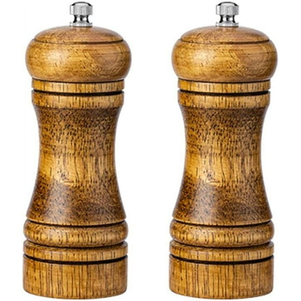 Juego de molinillos de pimienta y sal, saleros y pimenteros de madera de roble, rotor de cerámica con grosor ajustable, juego de 2