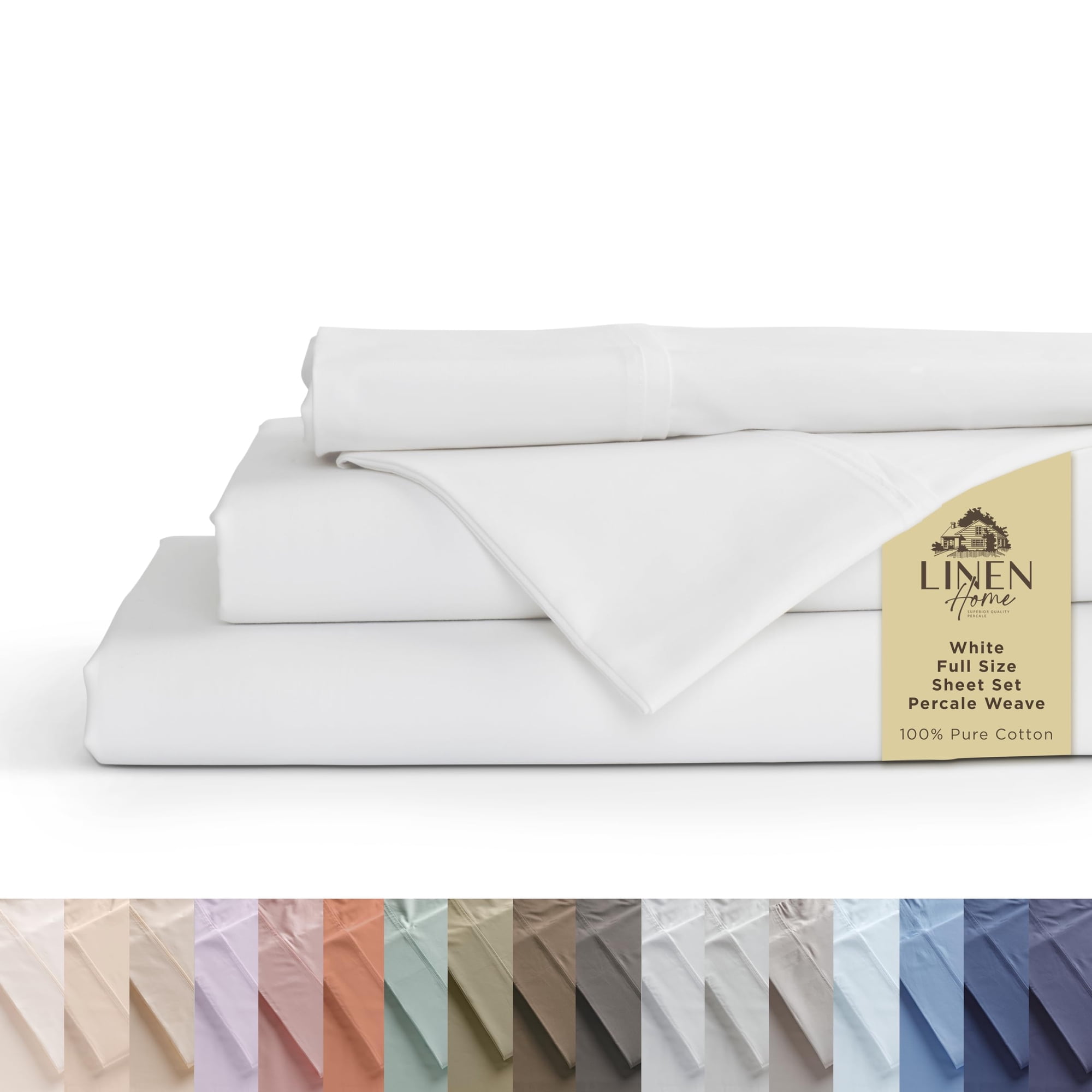 Linen Home - Juego De Sábanas 100% Algodón Percal Tamaño Completo Color Blanco