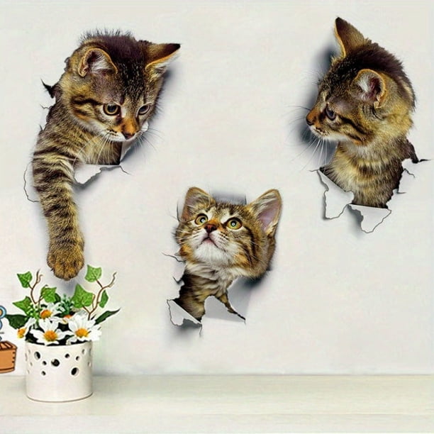 3pcs 3D Three-dimensional Wall Stickers Set, Cute Realistic Kitten Car Stickers, Bedroom Bedroom Dormitory Wall Stickers, Cabinet Creative Decorative Stickers, Removable Stickers, For Living Room Baby